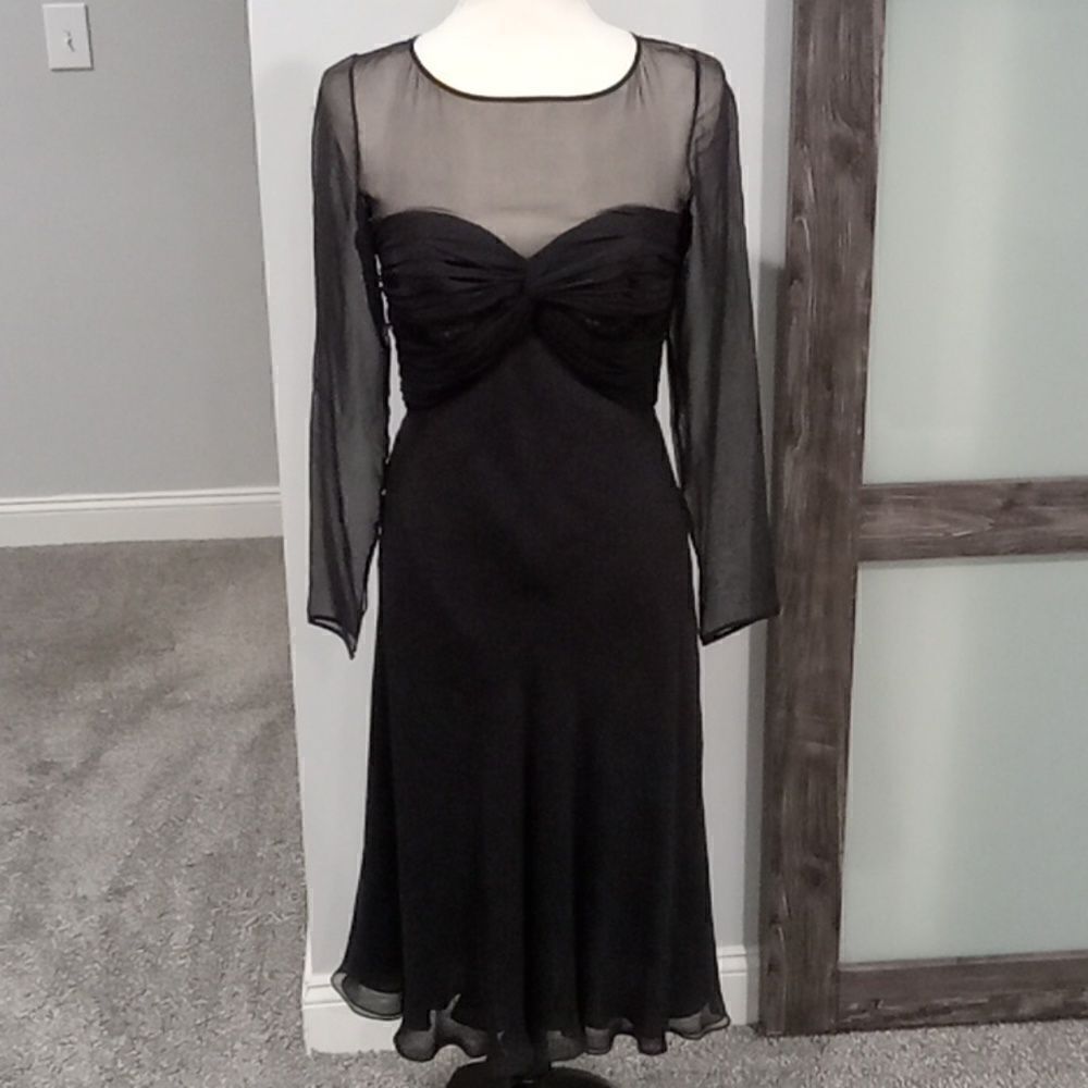 Melinda Eng long sleeve dress w sheer sleeves & neckline,  ruched bust size 4